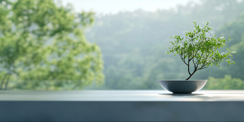 Poster - small bonsai tree in minimalist setting sits on table, with serene nature background. scene evokes tranquility and simplicity, highlighting beauty of nature inspired decor