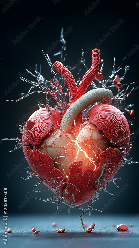 Exploration of a broken anatomical heart revealing glowing energy ...