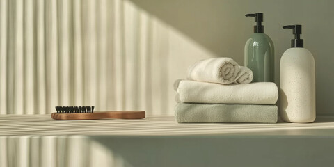 Aufkleber - serene bathroom scene with neatly folded towels, lotion bottles, and wooden brush on sunlit surface, emphasizing minimalism and hygiene