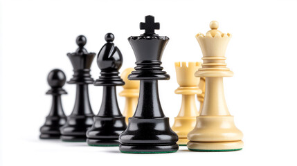 Poster - Black and white chess pieces on a white background, showing kings and other pieces in focus