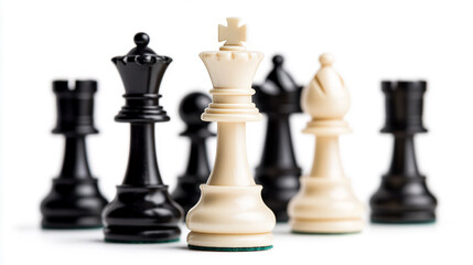 Poster - Focused view of black and white chess pieces with king in the center on a white background