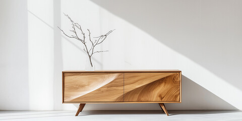 Poster - minimalist wooden sideboard with abstract design stands against white wall, complemented by simple branch in vase, creating serene and elegant atmosphere