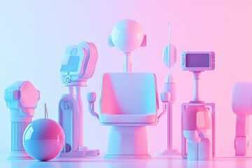 Poster - Robots and futuristic devices in vibrant pink and blue lighting arrangement