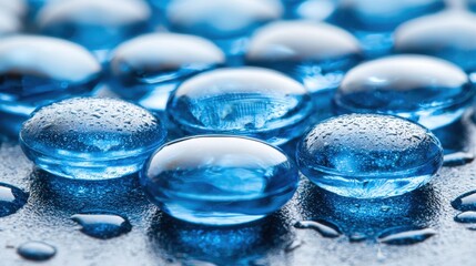 Poster - Serene Blue Glass Stones with Water Droplets: A Close-Up Macro Photograph
