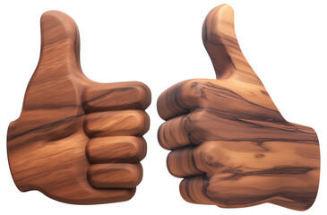 Poster - Two thumbs up symbols crafted from dark walnut wood with polished finish, showcasing intricate wood grain patterns