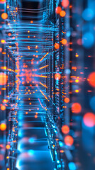 Poster - Glowing server rack with illuminated fiber optic cables transmitting digital data, representing high-speed technological infrastructure
