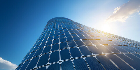 Poster - Futuristic skyscraper with integrated solar panels against blue sky