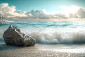 Wall Mural - Serene beach with gentle waves and a rock at sunset near calm waters