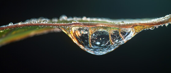 Poster - macro shot captures single droplet forming on leaf, highlighting its delicate structure and intricate details of water surface tension. dark background enhances focus on droplet