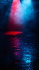 Fototapete - Beams of light filtering through the smoke creating a colorful reflection on the water surface