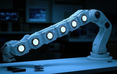 Poster - Articulated Robotic Arm with Glowing Lights in a Technological Setting