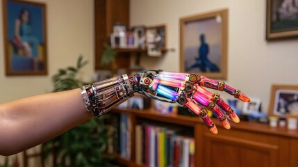 Poster - A Woman's Arm Seamlessly Integrated with a Multicolored Robotic Hand in a Studio Setting
