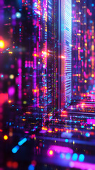 Poster - Server racks glowing purple and orange, illuminating high-tech data center infrastructure with vibrant technological ambiance