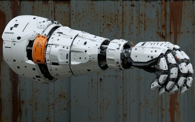 Poster - Detailed Robotic Arm Against Weathered Metal Background