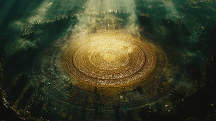 Wall Mural - ethereal golden orb radiating light in a dark green mist: an aerial perspective of a mystical struct