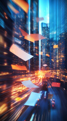 Aufkleber - Nighttime highway scene, paper sheets swirling amid speeding vehicles, urban skyscrapers casting luminous backdrop