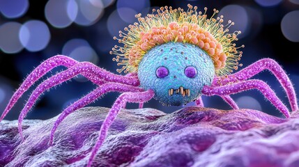 Poster - Microscopic Spider-like Virus Illustration with Textured Surface and Bokeh Background