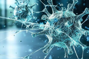 Poster - Detailed 3D Digital Rendering of a Virus Particle in shades of blue and white against a blurred background