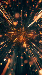 Aufkleber - Golden light rays bursting dynamically from central point, radiating energy across dark textured surface with sparkling particle dispersion