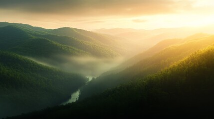 Aufkleber - A winding river mirrors the surrounding trees and hills, showcasing the tranquillity of the forest at dusk with soft light illuminating the scene