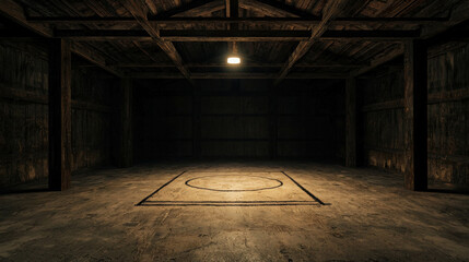 Poster - Dark and Atmospheric Interior of an Abandoned Warehouse with Concrete Floor and Wooden Beams