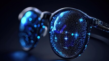 Poster - futuristic eyeglasses with sparkling blue particles, close-up view