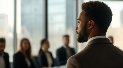 Leinwandbilder - A professional man stands in front of an audience, engaged in a discussion or presentation, set against a modern office backdrop.