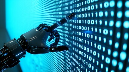 Poster - A robotic hand reaches towards a digital wall of binary code, symbolizing the intersection of technology and artificial intelligence.