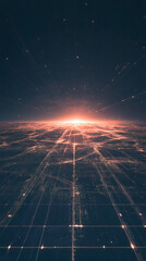 Poster - Glowing urban grid stretching across horizon, blending technological cityscape with vibrant sunset lighting