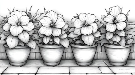 Wall Mural - Four beautifully detailed potted flowers arranged on a shelf with a simple background setting