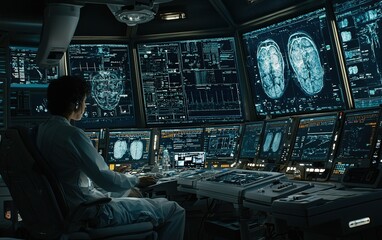Poster - Focused Scientist Analyzing Complex Data and Brain Scans in a High-Tech Laboratory