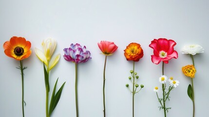 Colorful flowers displayed in a line against a light background.