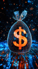 Aufkleber - Glowing digital money bag with dollar symbol made of binary code suggesting cryptocurrency and online banking