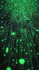 Poster - Digital circuit board glowing green, revealing complex interconnections and data transmission within technological network landscape