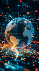 Leinwandbilder - Digital planet spinning, global network glowing with interconnected cityscape lighting dark cosmic background