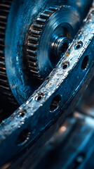 Poster - metallic gears turning inside industrial machinery, glowing with deep blue illumination, revealing c