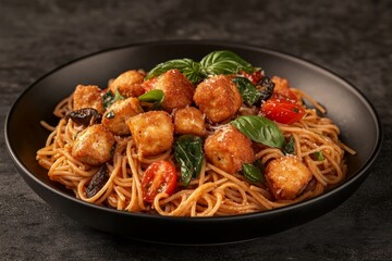 Poster - A stylish black plate displays pasta topped with crispy fried tofu, cherry tomatoes, sautéed mushrooms, and fresh basil sitting against a dark background