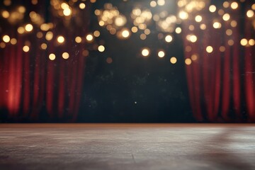 Poster - A grand theater stage features elegant red curtains and sparkling chandeliers, evoking luxury and creativity, with a beautiful bokeh effect enhancing the atmosphere