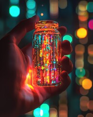 Poster - illuminated glass jar held in hand against bokeh lights