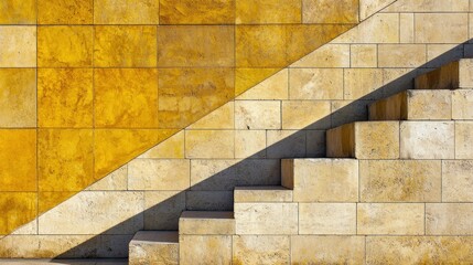 Outdoor stone steps ascend against a yellow tiled wall