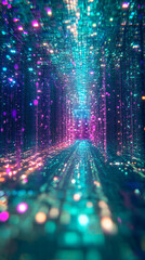 Poster - Immersive digital art featuring a radiant corridor with glowing particles, forming a captivating spectacle of light and color