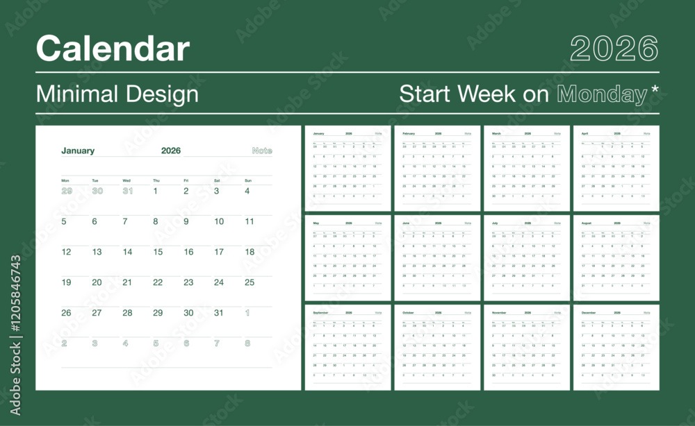 Calendar 2026 minimal design the week starts on Monday Stock Vector ...