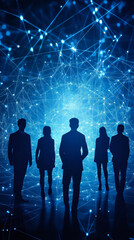 Fototapete - Businesspeople silhouettes standing in front of bright digital network connections, concept of teamwork, technology and innovation