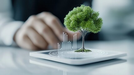 Wall Mural - digital tree icon emerging from a bar graph on a white background, symbolizing the fusion of nature 