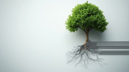 Wall Mural - stylish tree icon with circuit roots on a white backdrop, representing the fusion of nature and tech