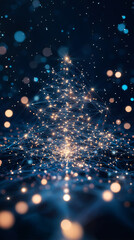 Poster - Intricate digital network forming Christmas tree shape, glowing dots connecting against blurred blue-gold gradient background