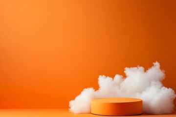 Aufkleber - Bright orange round podium is set against fluffy white clouds in a minimalist studio. The softly lit sky-themed background offers ample copy space on the left side