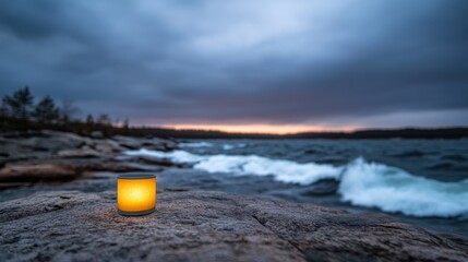 Poster - A warm-lit lantern stands resiliently on the rocky shore, while waves crash vigorously against the coastline under a moody twilight sky