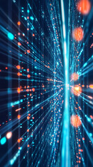Poster - Glowing particles and lines flowing through futuristic cyberspace network grid, creating a digital data stream effect