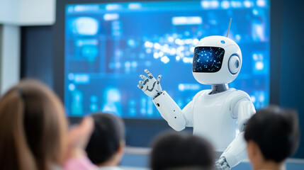 Imagine a robot teaching a class using a large digital display to present lessons, simulations, and interactive exercises. The robot not only presents information but also engages